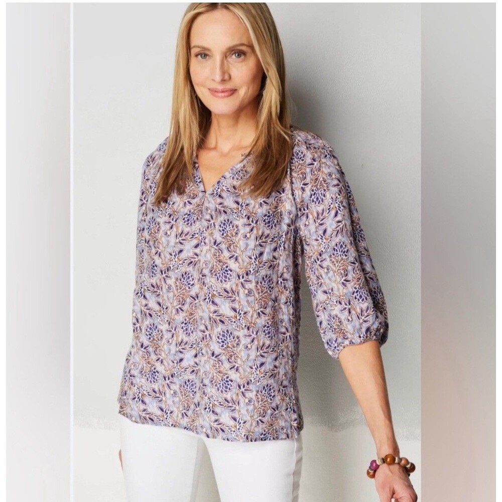 J Jill Love Linen Relaxed Peasant Top in Royal Purple Lotus Vines Women's Xl P